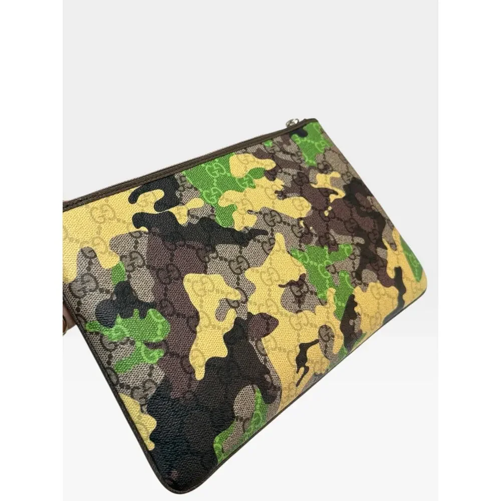 Gucci GG Monogram Camouflage Pouch Green Yellow Brown Double G Clutch NIB